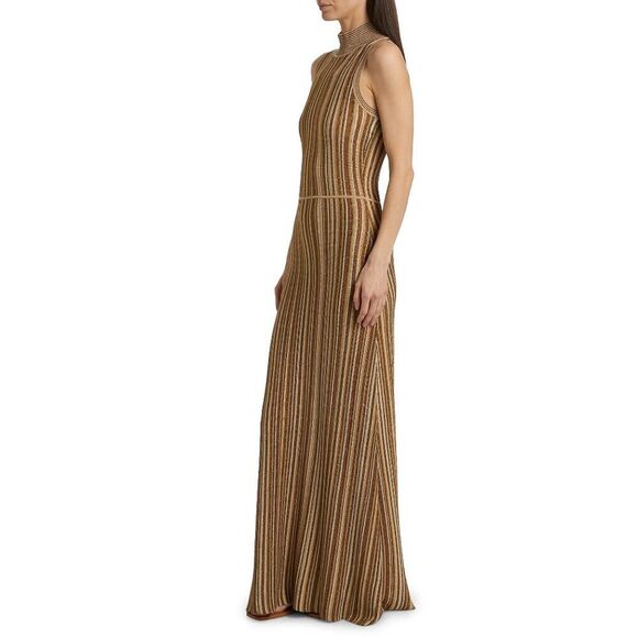 NWT Veronica Beard Anna Gold Bronze Brown and Cream Striped Knit Maxi Dress - Picture 2 of 5